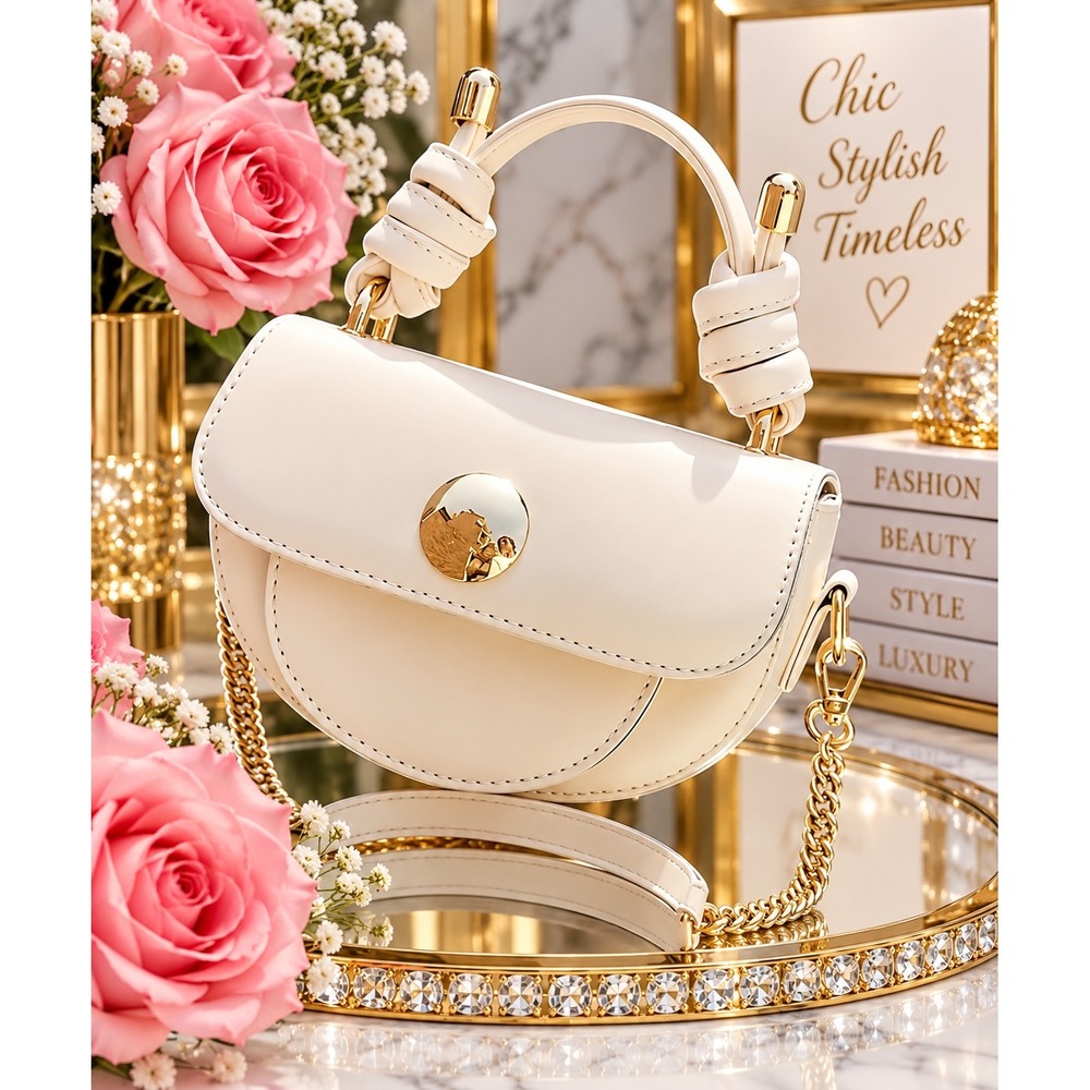 Purse Women Beige Mini Cross-body, Saddle Bag with Accent.